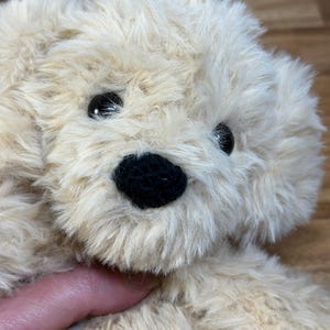 May include: A plush, beige teddy bear with a black nose and black eyes. The soft toy has fluffy fur and is partially visible, suggesting a close-up shot. The bear is a classic children's toy.