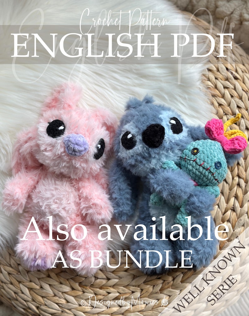 Stitch and Angel, Alien Plush Crochet Pattern Bundle PDF, Blue & Pink Space Creature Amigurumi, Fur or Chenille Plush Set, Digital Download image 2
