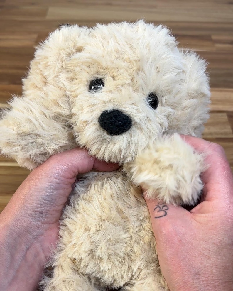May include: A plush, cream-colored puppy dog with floppy ears and a black nose. The stuffed animal has black button eyes and soft, fluffy fur. The toy is held in a person's hands.