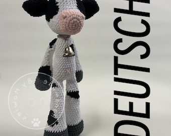 Clever Cow, German, PDF, pattern, cute calf, crochet pattern cow, amigurumi cow, cute farm animal, crocheted stuffed animal.