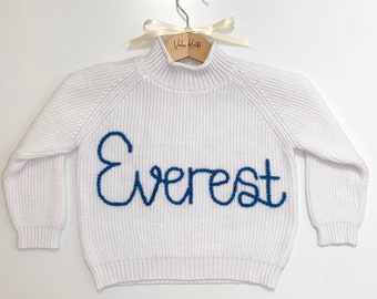 Personalised Name Embroidered Hand Knitted Jumper / Sweater - Keepsake Baby Shower or Children’s Birthday or Christmas Gift