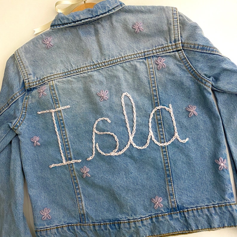 Personalised Name Flower Embroidered Hand Knitted Denim Jacket Keepsake Baby Shower or Childrens Birthday or Christmas Gift image 3