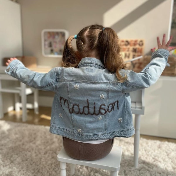 The Floral Name - Personalised Flower Embroidered Hand Knitted Denim Jacket - Keepsake Baby Shower or Children’s Birthday or Christmas Gift