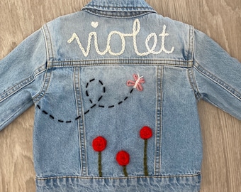 The Butterfly Name - Personalised Flower Bee Embroidered Knitted Denim Jacket - Keepsake Baby Shower or Childrens Birthday or Christmas Gift