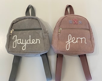 Personalised Name Hand Embroidered Knitted Corduroy Backpack Rucksack Bag  Children’s School Nursery Matching Kids Gift