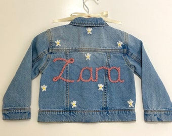 The Floral Name - Personalised Flower Embroidered Hand Knitted Denim Jacket - Keepsake Baby Shower or Children’s Birthday or Christmas Gift