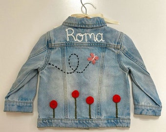 Personalised Name Flower Bee Butterfly Embroidered Knitted Denim Jacket - Keepsake Baby Shower or Children’s Birthday or Christmas Gift