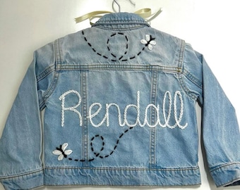 The Butterfly Name - Personalised Flower Bee Embroidered Knitted Denim Jacket - Keepsake Baby Shower or Childrens Birthday or Christmas Gift