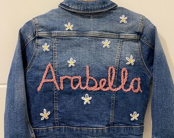 The Floral Name - Personalised Flower Embroidered Hand Knitted Denim Jacket - Keepsake Baby Shower or Children’s Birthday or Christmas Gift