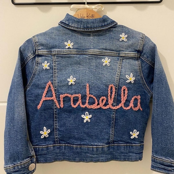 The Floral Name - Personalised Flower Embroidered Hand Knitted Denim Jacket - Keepsake Baby Shower or Children’s Birthday or Christmas Gift