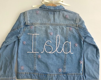 The Floral Name - Personalised Flower Embroidered Hand Knitted Denim Jacket - Keepsake Baby Shower or Children’s Birthday or Christmas Gift