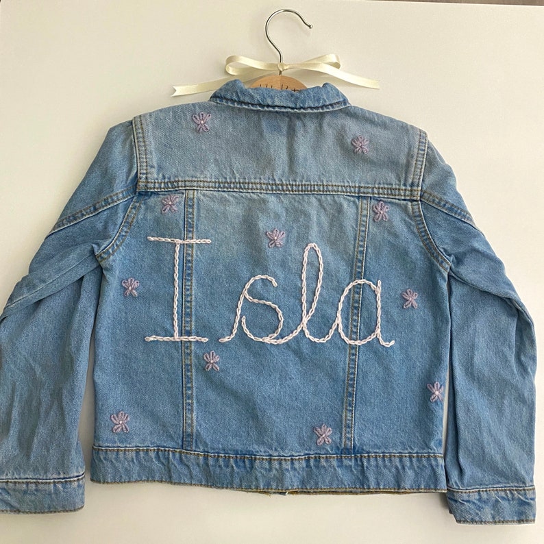 Personalised Name Flower Embroidered Hand Knitted Denim Jacket Keepsake Baby Shower or Childrens Birthday or Christmas Gift image 1