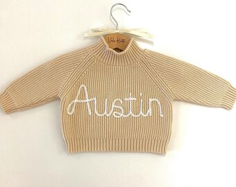 Personalised Name Embroidered Hand Knitted Jumper / Sweater - Keepsake Baby Shower or Children’s Birthday or Christmas Gift