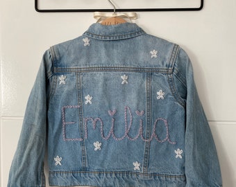 Personalised Name Flower Embroidered Hand Knitted Denim Jacket - Keepsake Baby Shower or Children’s Birthday or Christmas Gift