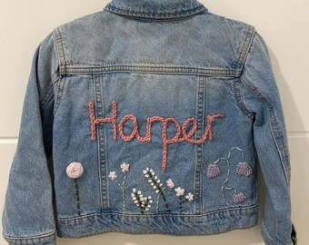 Personalised Name Flower Embroidered Hand Knitted Wildflower Denim Jacket - Keepsake Baby Shower or Children’s Birthday or Christmas Gift