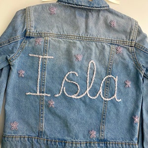 Personalised Name Flower Embroidered Hand Knitted Denim Jacket Keepsake Baby Shower or Childrens Birthday or Christmas Gift image 2