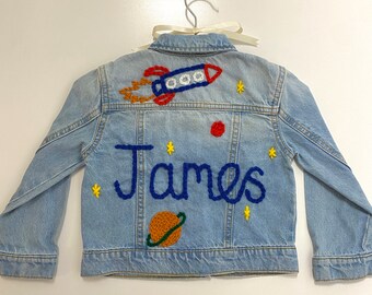 Personalised Name Space Theme Planet Rocket Embroidered Denim Jacket - Baby Shower or Children’s Birthday / Christmas Gift Idea