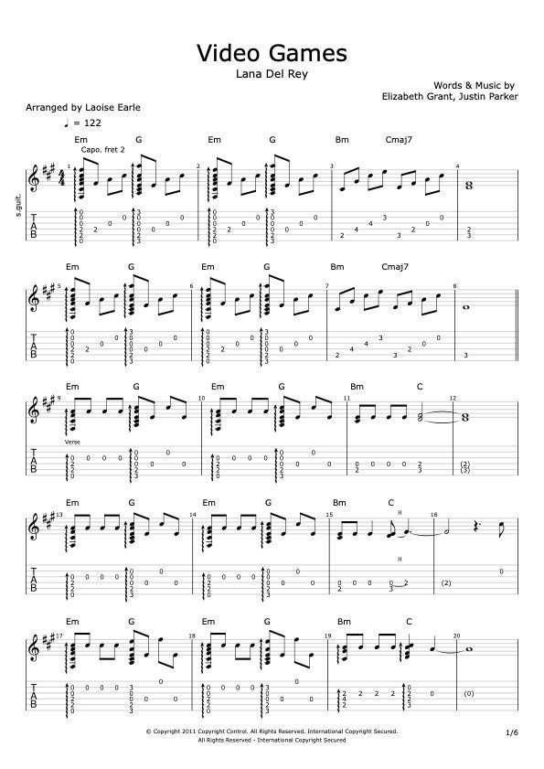 Lana Del Rey Video Games fingerstyle Guitar Tab Etsy