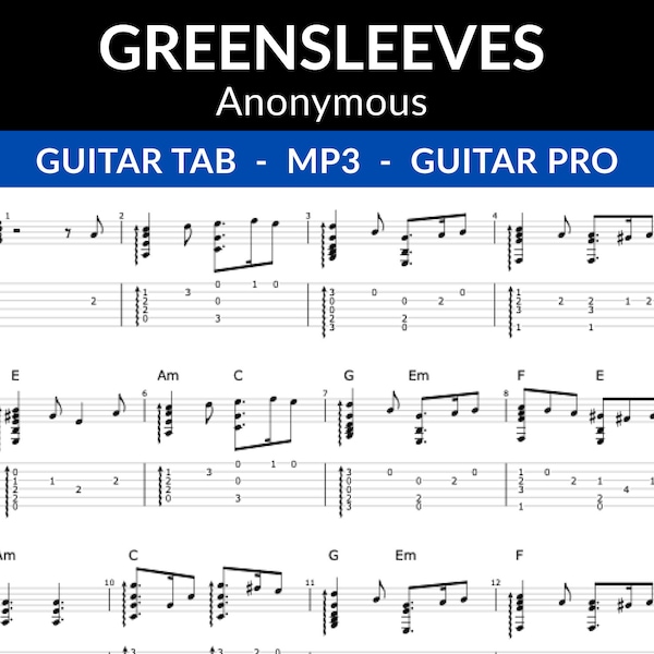 Greensleeves (What Child Is This) - Traditional Song (Fingerstyle Guitar Tab)  | Printable Guitar Tab Sheet Music | Instant Digital Download