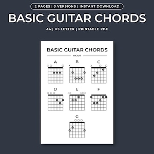 Basic Guitar Chord Chart, Easy Guitar Chords for Beginners, Major Minor Chords | Printable PDF | A4, US Letter | Instant Digital Download