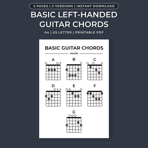 Basisakkoordenschema voor linkshandige gitaar, eenvoudig akkoordenschema voor beginners, majeur-mineurakkoorden | Afdrukbare PDF | A4, Amerikaanse brief