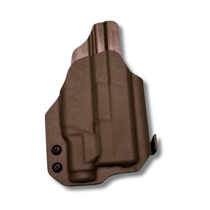 a brown, rugged-looking gun holster with a textured surface and two screws on the side.