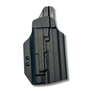May include: A black, molded polymer holster with a textured surface. The holster features a belt clip and two screws. The design is intended for secure firearm carry.