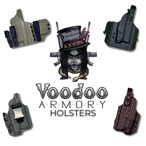 a collection of holster designs, including a top hat-wearing figure, and the text "Voodoo Armor Holsters" prominently displayed.