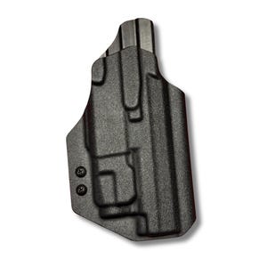 May include: A black, textured polymer holster. The holster has a molded design with a clip and two screws. The holster is designed to be worn on the body.