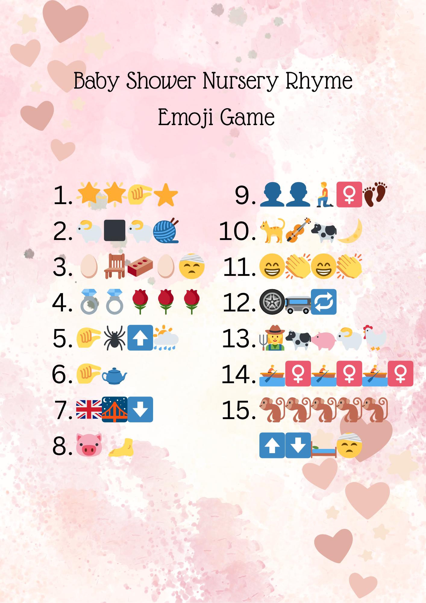 Nursery Rhyme Baby Shower Emoji Game (plus Answers and Answer Sheet) Pink Hearts Design - Etsy