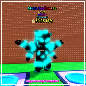 May include: A digital avatar with a glowing blue outline and accents. The avatar has a blocky design with multiple arms and a bear-like head. Text at the top reads "Meta Technetta" and "Lv.246 Infinity Diamond". The bottom of the image displays "$70.35 M/s".