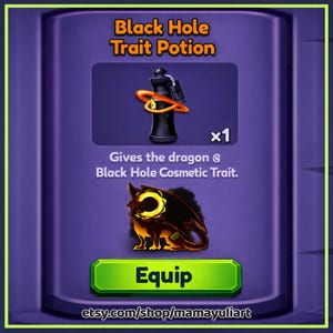 May include: A digital graphic featuring a "Black Hole Trait Potion" with a black bottle and a swirling orange ring. Below is a dragon graphic with a black and orange color scheme. The word "Equip" is on a green button.