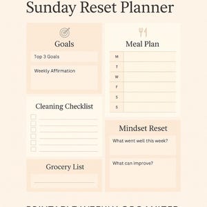 Planificador de reinicio dominical / Organizador semanal imprimible para objetivos, comidas, limpieza y reinicio de mentalidad