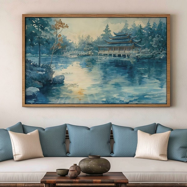 Turquoise chinoiserie wall art, PRINTABLE oil painting, Dojo and lake, landscape print, digital download, housewarming print, wallart decor