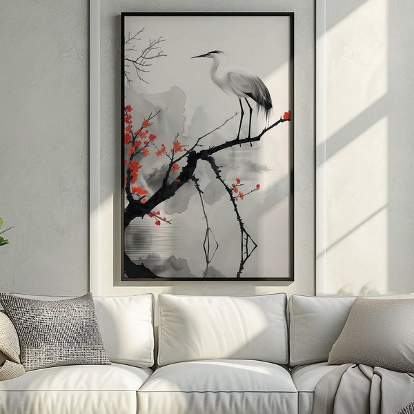 Chinoiserie printable wall art, chinese ink painting, vintage digital downloadable print, Heron by the lake and sakura, black, white, red