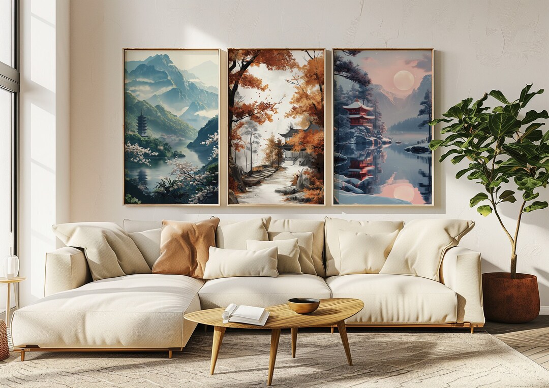 Set of 3 Prints, Chinoiserie Printable Wall Art, 3 Seasons, Green ...