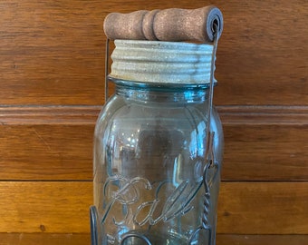 A Very Nice Country Kitchen, Rustic Decoration #9 Ball Perfect Mason 1 Quart Blue Mason Jar & Zinc Lid With Wire Carry Cradle