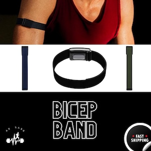 May include: A set of three bicep bands in black, navy blue, and olive green, each featuring a secure metal clasp mechanism. The bands are shown individually and as a circular loop. The text BICEP BAND is displayed prominently in white against a black background.