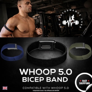 May include: A fitness product image featuring a man running on a treadmill, with three Whoop 5.0 bicep bands in blue, black, and olive green. The text reads "WHOOP 5.0 BICEP BAND" and "COMPATIBLE WITH WHOOP 5.0".