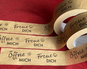 Paper adhesive tape printed brown adhesive tape parcel tape recyclable, own production - Open me, rejoice - 48 mm x 60 m