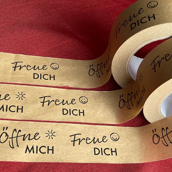 Papierklebeband bedruckt braun Klebeband Paketband recyclingfähig, eigene Herstellung - Öffne mich, Freue Dich - 48mm x 60m