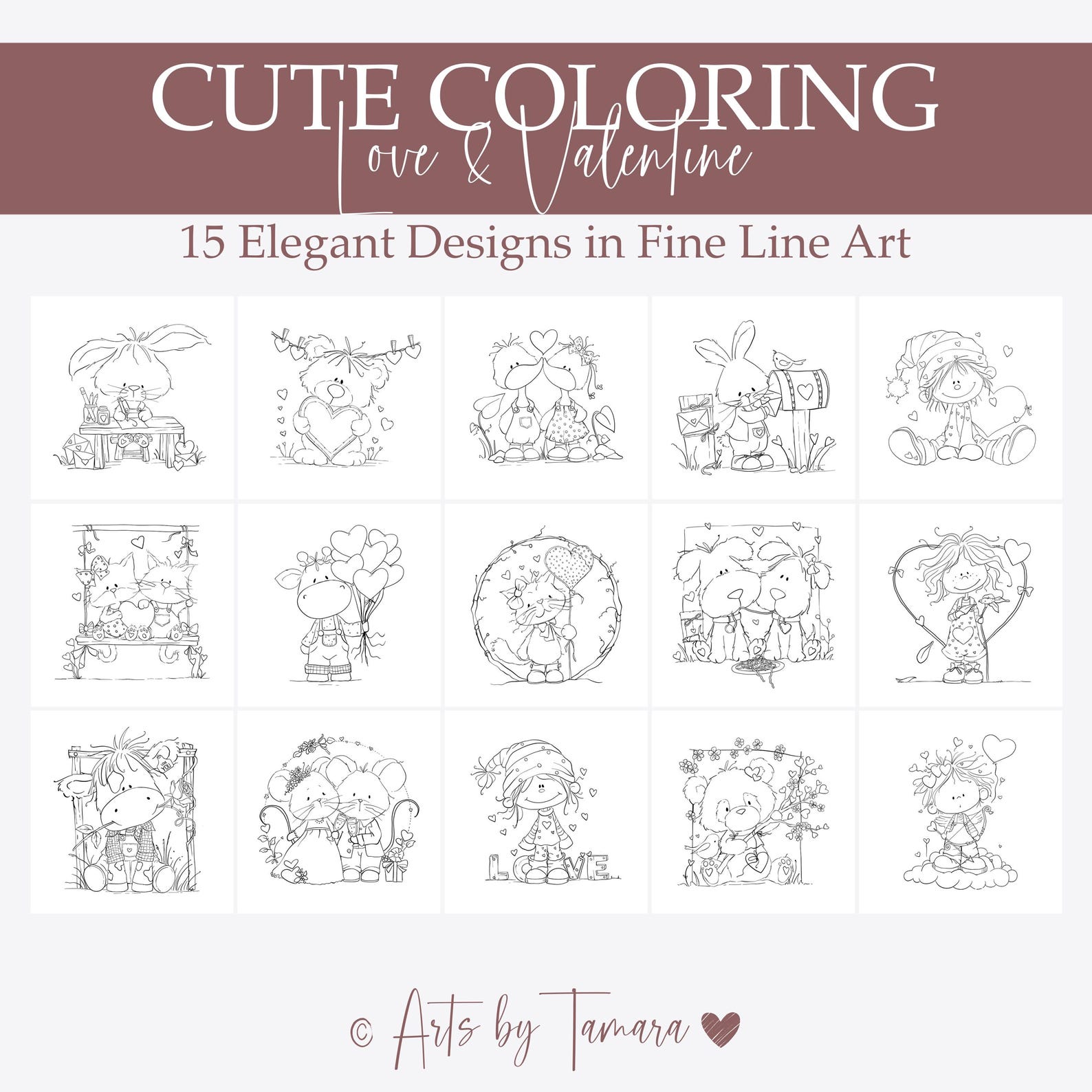 Love & Valentine Fine Line Coloring Pages | Cute Scribbled Line Art ...