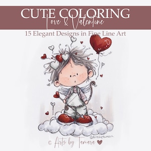 May include: A whimsical illustration of a cupid character with a bow and arrow, wings, and a heart-shaped balloon. The image features the text "CUTE COLORING Love & Valentine" and "15 Elegant Designs in Fine Line Art". The character is standing on a cloud.