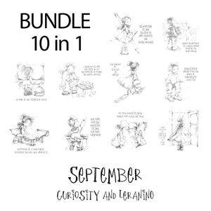 May include: A black and white illustration bundle with the text "BUNDLE 10 in 1" and "September Curiosity and Learning". The images depict children and inspirational quotes.