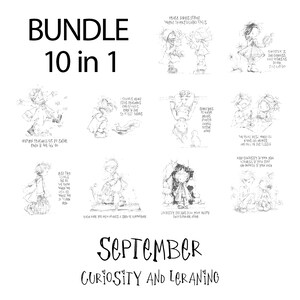 May include: A bundle of 10 in 1 black and white illustrations with text. The text includes the words "BUNDLE", "10 in 1", "September", "Curiosity and Learning", and various quotes. The illustrations depict children and inspirational themes.