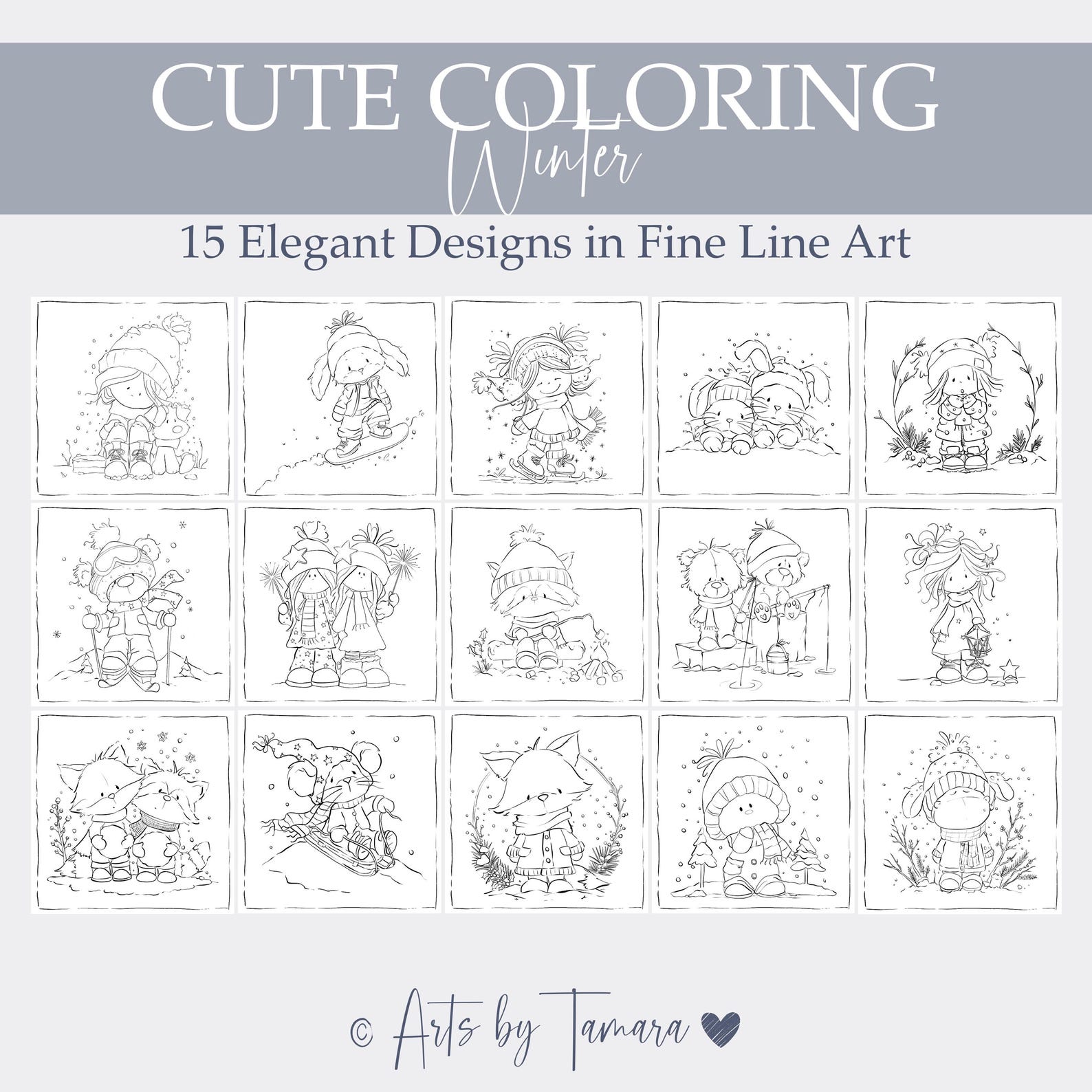 Cute Winter Coloring Pages | 15 Hand-drawn Printables | Black & Grey ...