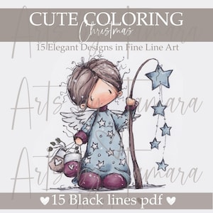 Puede incluir: Una ilustración digital de un personaje con cabello castaño y alas, vistiendo un atuendo azul con estampado de estrellas y botas moradas. El personaje sostiene un bastón con estrellas colgantes y dos bolsas pequeñas. Texto CUTE COLORING Christmas.