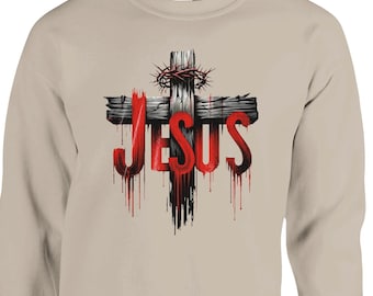 Jesus Cross Crewneck Sweatshirt, Christian Faith Sweater, Crown of Thorns Graphic, Religious Pullover, Unisex Gildan 18000 Sweatshirt