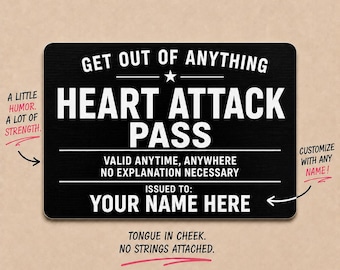 Personalized Heart Attack Pass, Funny Recovery Gift, Metal Wallet Card, Get Well Gift