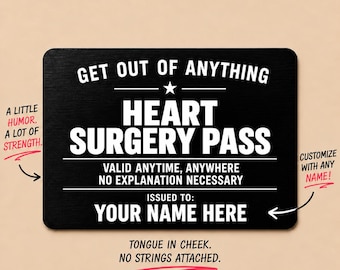 Personalized Heart Surgery Pass Card, Funny Get Well Gift, Custom Name Metal Wallet Card, Surgery Recovery Keepsake